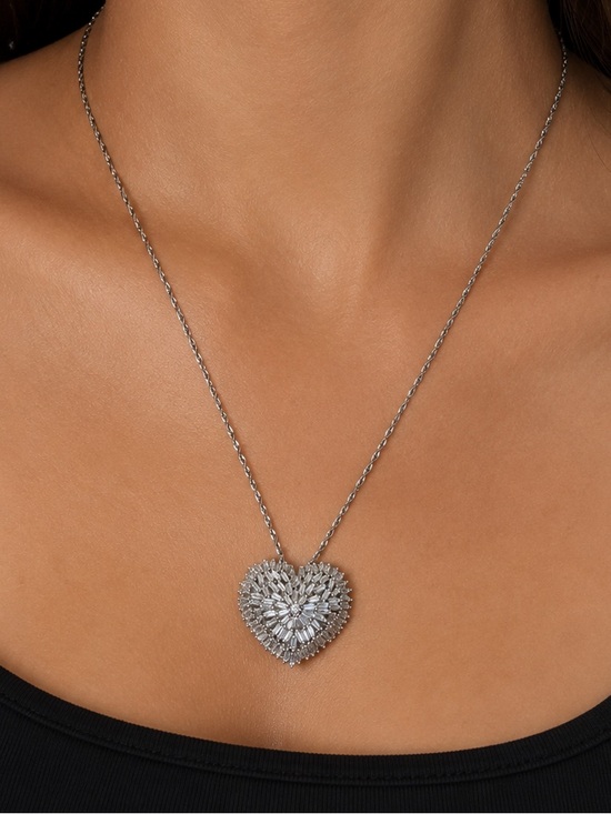 Jewelry - 925 Sterling Silver Baguette CZ Heart Pendant Necklace Adjustable 14" Chain